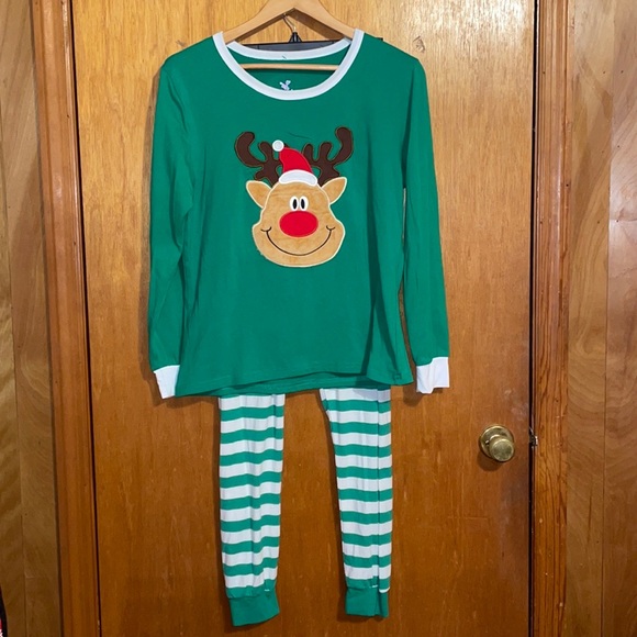 •CORA BEE•GREEN/WHITE STRIPED RUDOLPH MATCHING PAJAMA SET... MEDIUM (LIKE NEW) - Picture 10 of 10